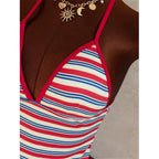 Striped V Neck Tankini Two Piece Bikini Halter Set