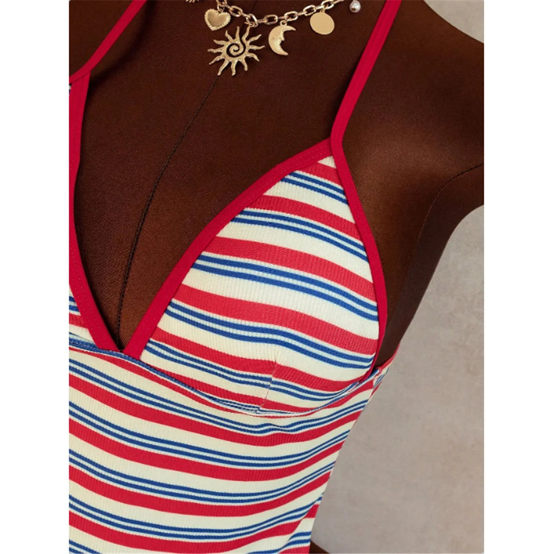 Striped V Neck Tankini Two Piece Bikini Halter Set