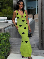 Midnight Sleeveless Knit Maxi Dress With Hollow Dot Tassel Hem