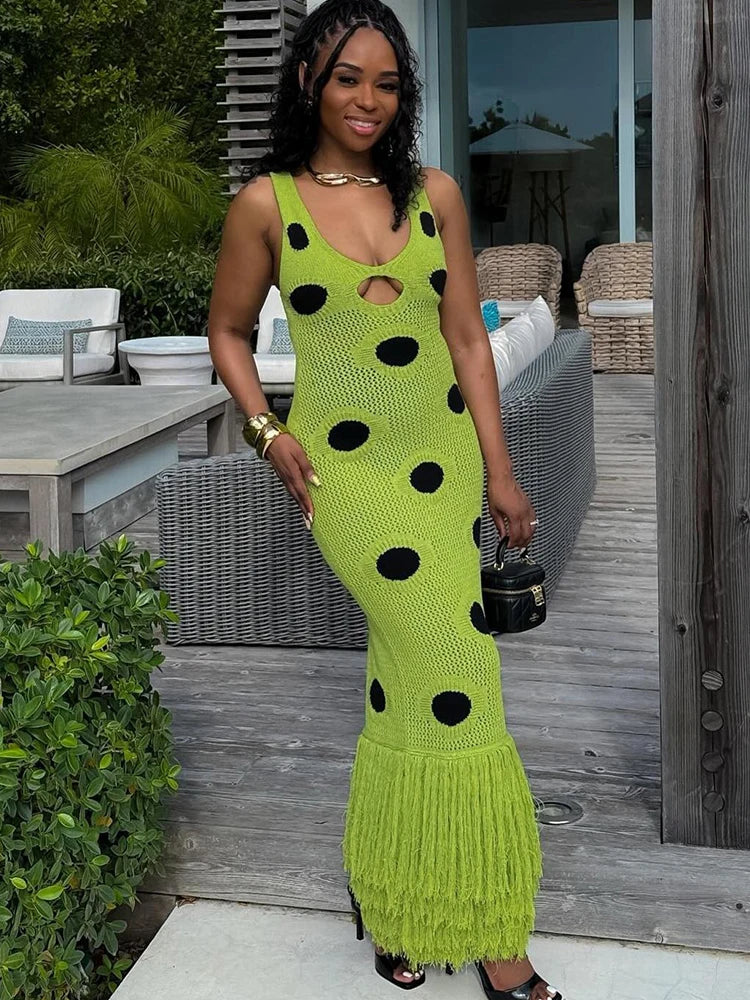 Midnight Sleeveless Knit Maxi Dress With Hollow Dot Tassel Hem