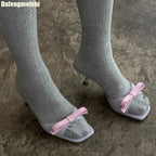 Ribbon Knot One Strap Sandals For Women Open Toe Square Front Casual Slides With Lace Sole