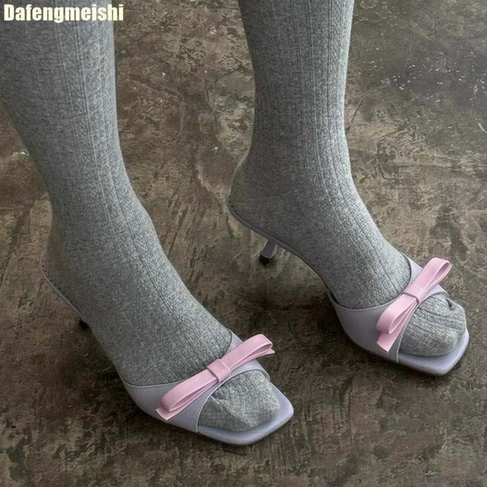 Ribbon Knot One Strap Sandals For Women Open Toe Square Front Casual Slides With Lace Sole