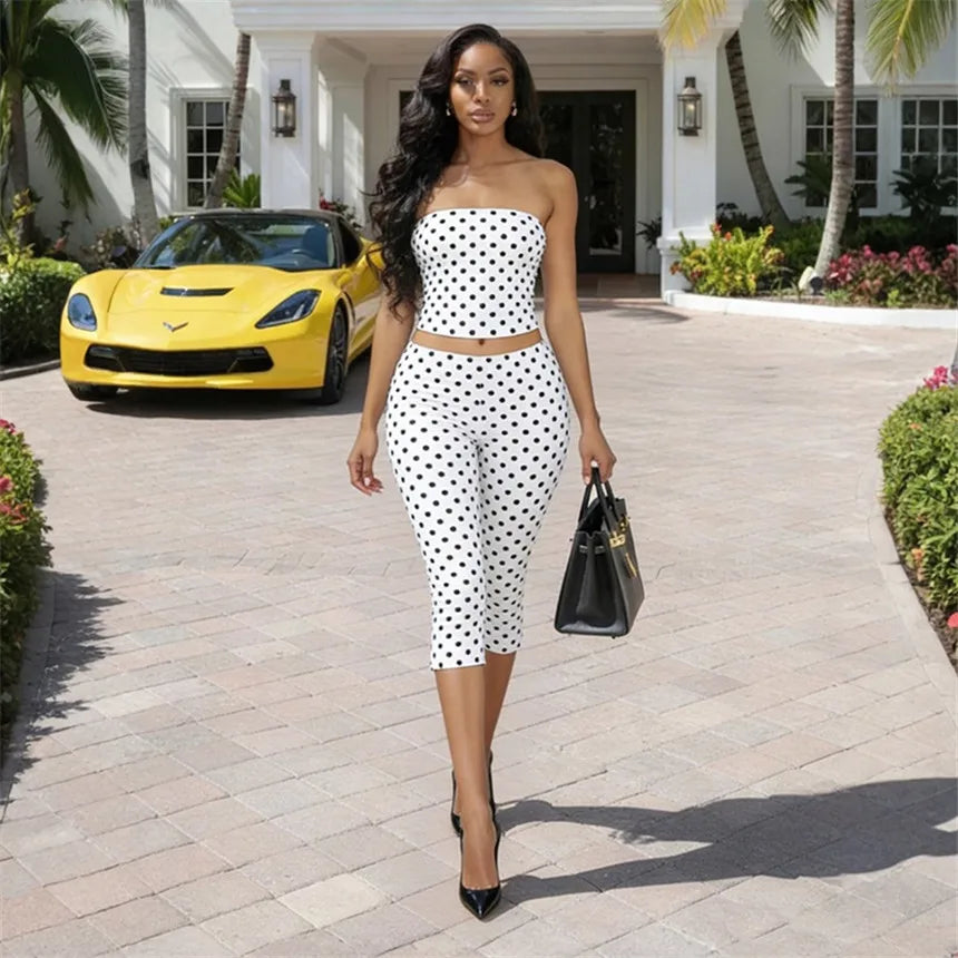 Vintage Polka Dot Two Piece Set Strapless Tube Top And Capri Pants