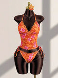 Orange Embellished Tropical Flower Print Two Piece Bikini Set With Lace Trim Halter Neck Tie Side