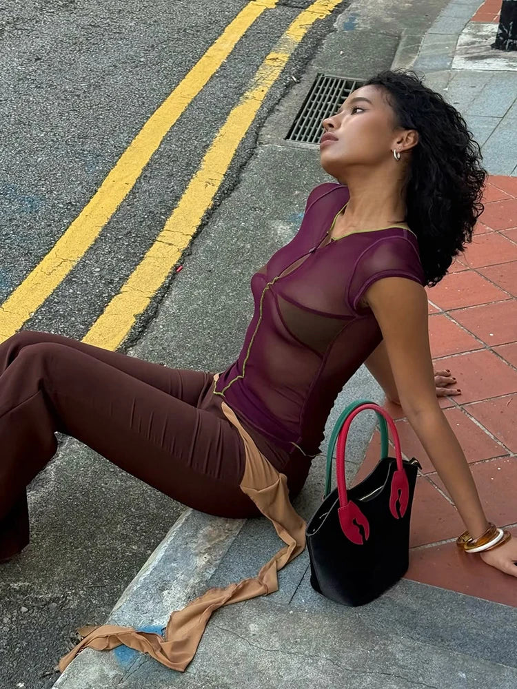 Sexy Mesh Patchwork Button o-Neck Mini Sleeve Top