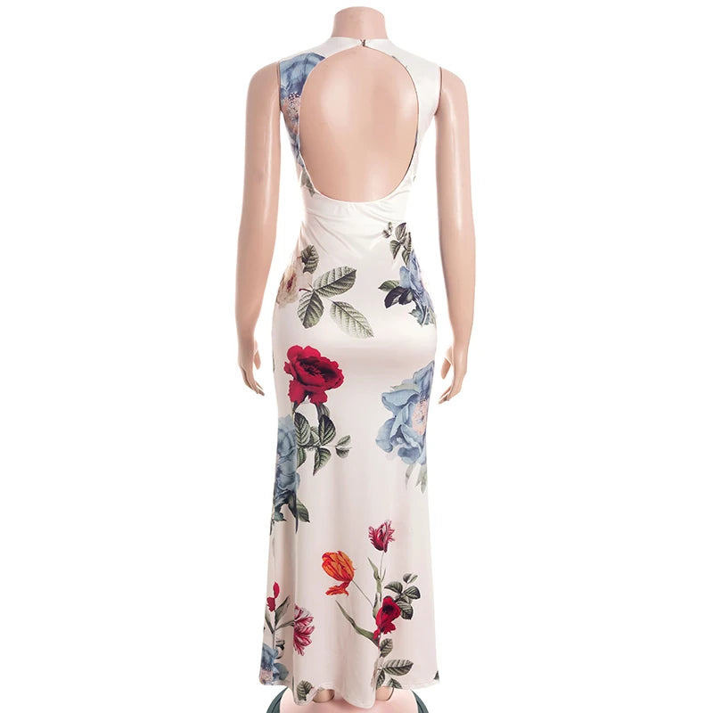 Floral Garden Maxi Dress With Round Neck Sleeveless Slim Fit Elegant Style