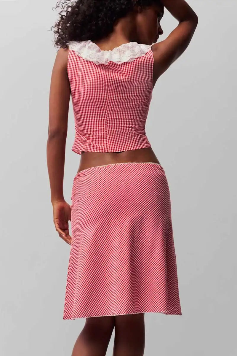 Vintage Button Up With Lace Trim Red Gingham Sleeveless Blouse Set