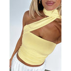 Elegant Halter Crop Top With Scarf Strap Ruched Slim Solid Design For Summer Streetwear