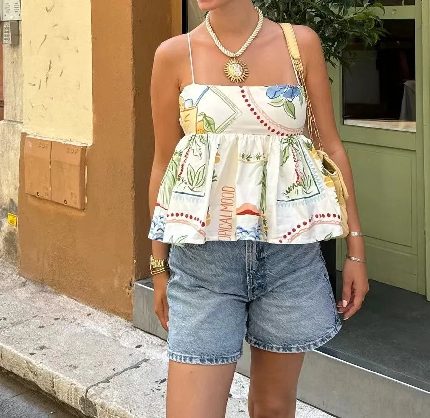 Plant Print Camisole And Shorts Set