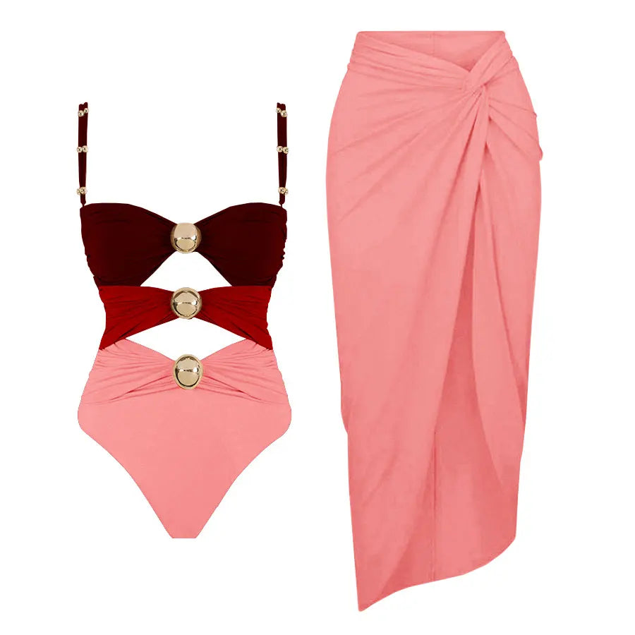 Off Shoulder Patchwork Belted One Piece Swimsuit With Cover Up for Beachside