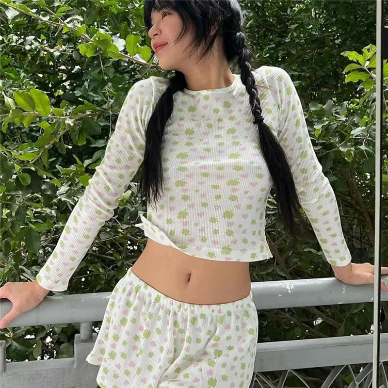 Floral Knit Pajama Set With Crop Top And Low Waist Shorts