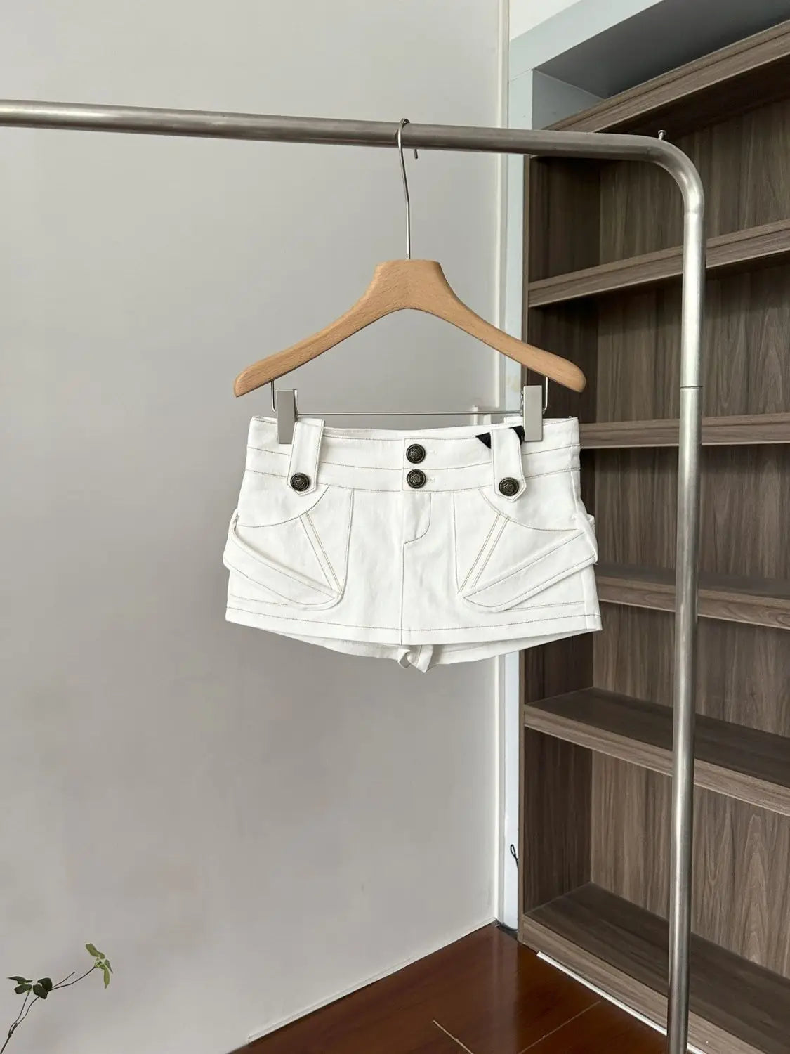 White Denim A Line Mini Skirt With Hip Wrap Cargo Pockets