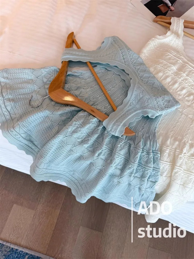 A Line Dress With Ruffled Knitted Vest For Women French Style