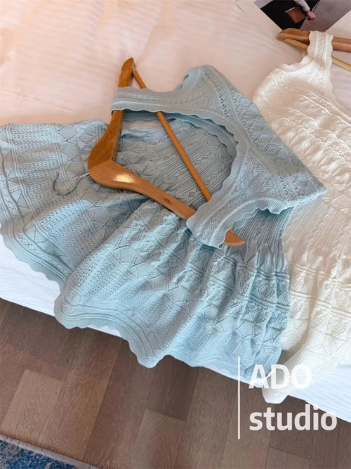 A Line Dress With Ruffled Knitted Vest For Women French Style