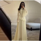 Flare Sleeve Maxi Dress With Ruffle Detail O Neck High Waist Pleated