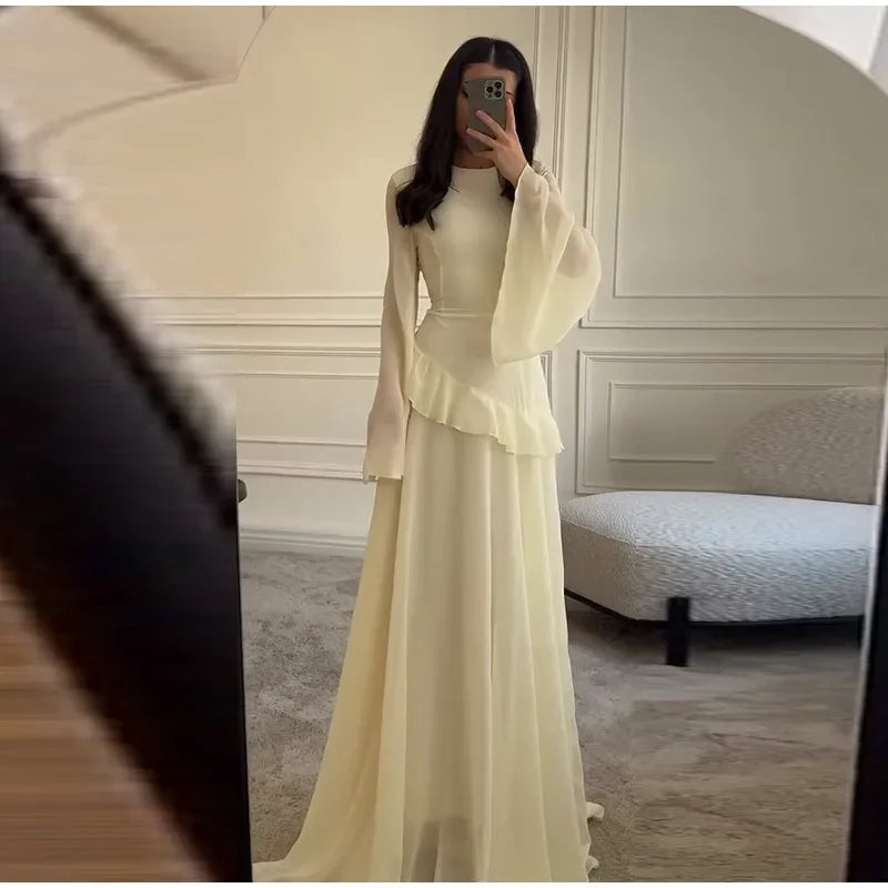 Flare Sleeve Maxi Dress With Ruffle Detail O Neck High Waist Pleated