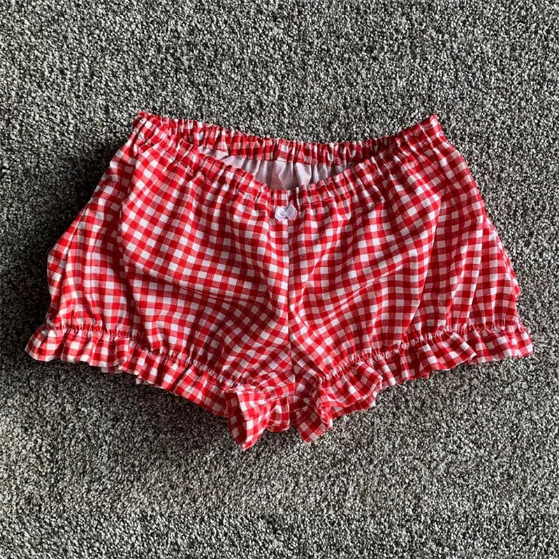 Cozy Kawaii Plaid Pajama Shorts With Elastic Waist Ruffle Trim