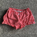 Cozy Kawaii Plaid Pajama Shorts With Elastic Waist Ruffle Trim