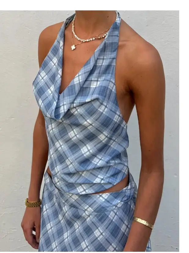 Cowl Neck Backless Crop Top With Vintage Plaid Halter