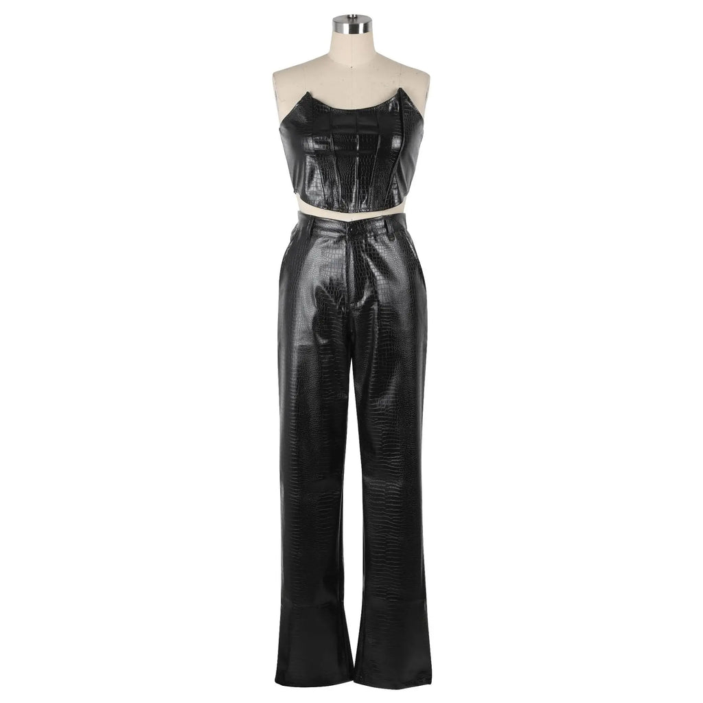 Corset Cutout Cargo Jumpsuit Two Piece Set Sleeveless PU Leather