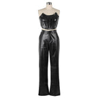 Corset Cutout Cargo Jumpsuit Two Piece Set Sleeveless PU Leather