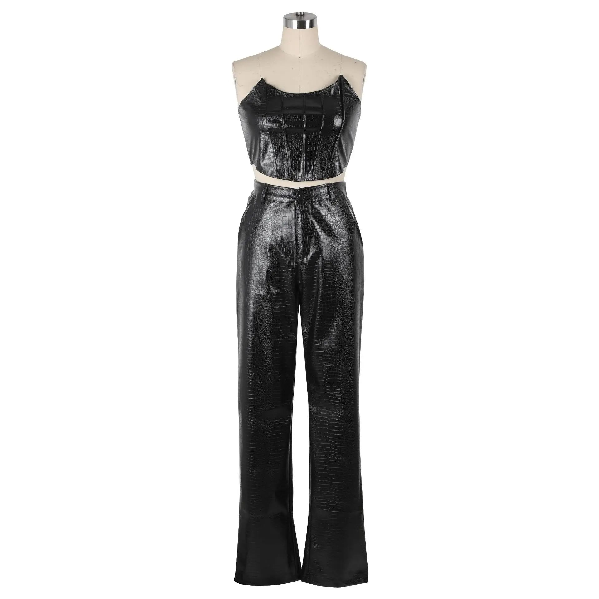 Corset Cutout Cargo Jumpsuit Two Piece Set Sleeveless PU Leather