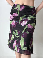 Vintage Floral Mesh High Waist Midi Mermaid Skirt