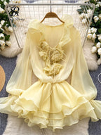 Boho 3D Floral Chiffon Sundress With Long Sleeves Lace Up Ruffle Detail