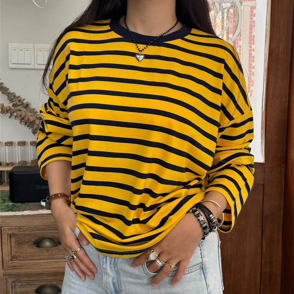 Vintage Luxe Relaxed Striped Tunic Top For Women Long Sleeve Round Neck