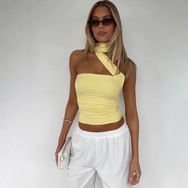 Elegant Halter Crop Top With Scarf Strap Ruched Slim Solid Design For Summer Streetwear