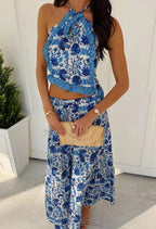 Halter Crop Two Piece Maxi Skirt Set With Ruffle Tiered Flowing Silhouette