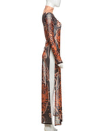 Tiger Print Sheer Long Sleeve Top With High Neck And Slits Street Style