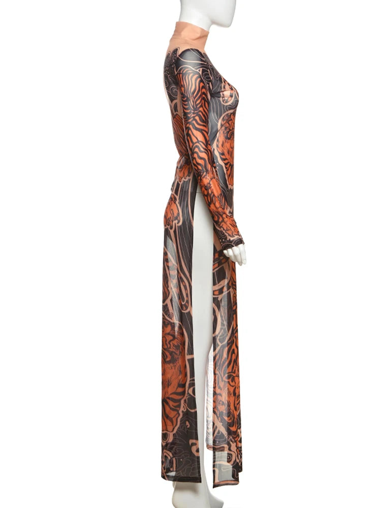 Tiger Print Sheer Long Sleeve Top With High Neck And Slits Street Style