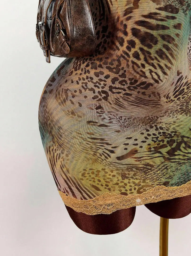 Lace Mini Dress With Spaghetti Straps High Waist Backless Retro Print
