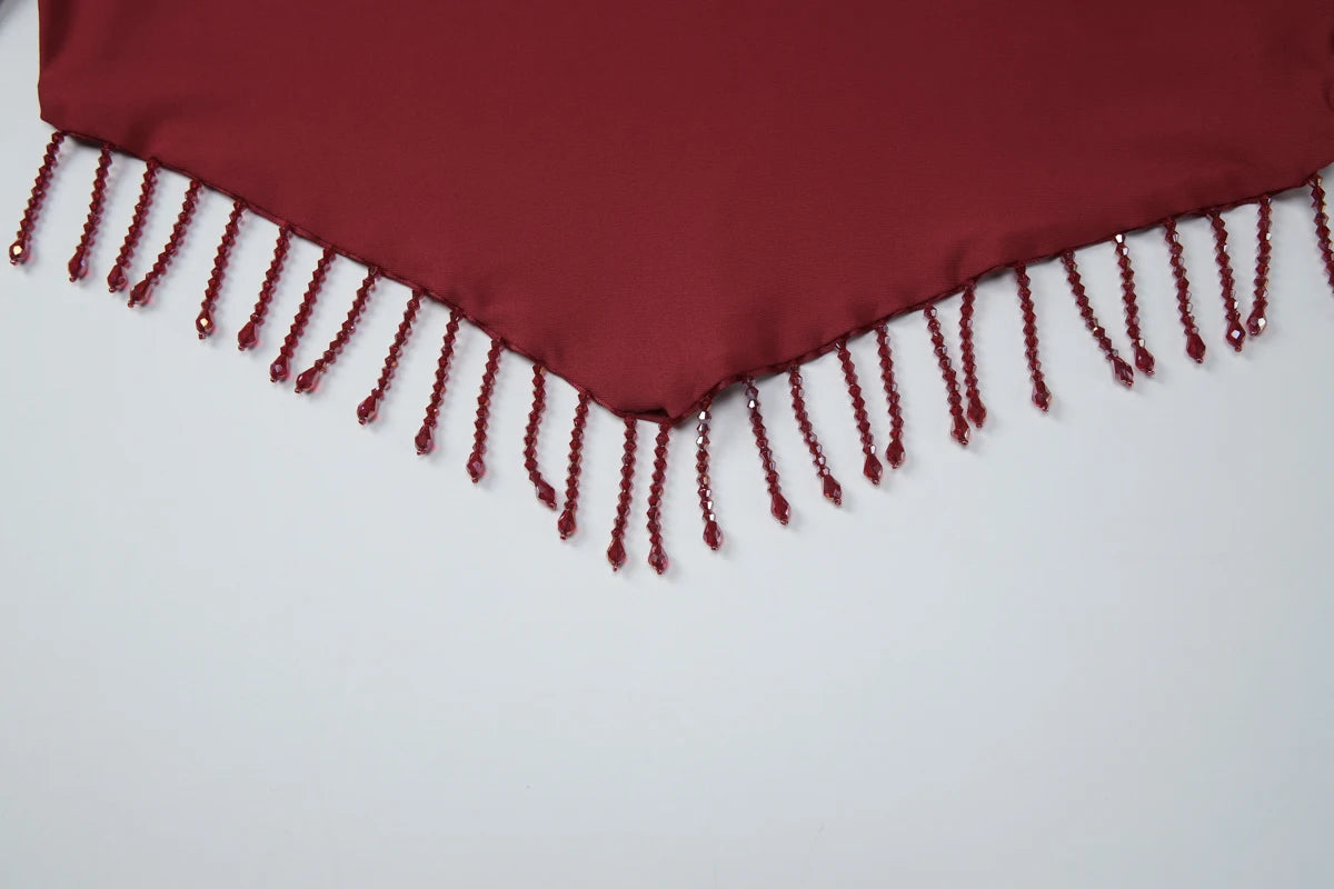 Halter V Neck Backless Crop Top With Lace Up Crystal Tassels
