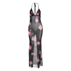Floral Rose Print Backless Halter Maxi Dress
