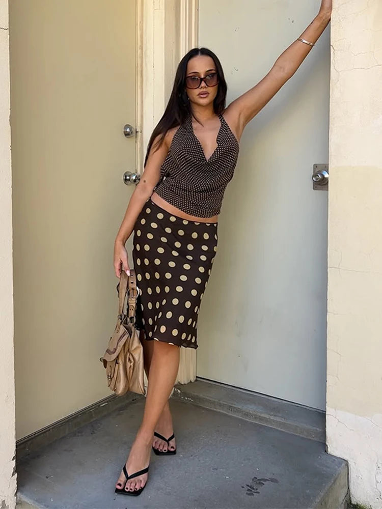 Polka Dot Satin Mesh Midi Skirt With High Waist A Line