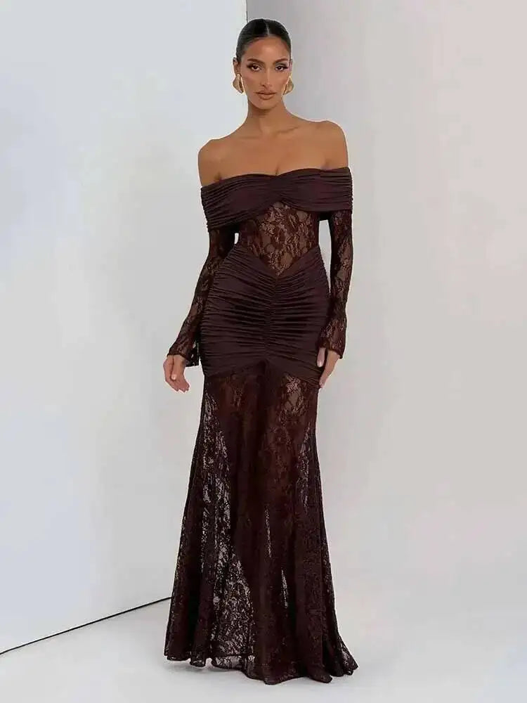 Off Shoulder Pleated Maxi Dress With Lace Patchwork