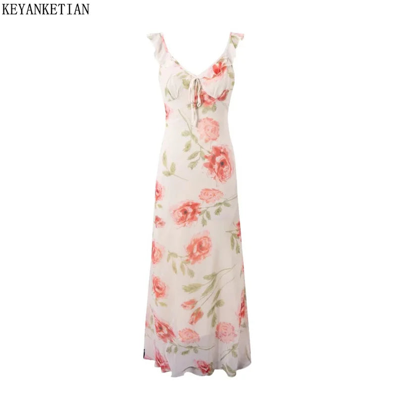 Rose Print Reverie Backless Fishtail Midi Dress With Tiered Ruffles And V Neck