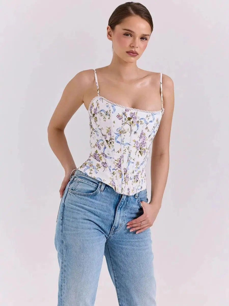 Romantic Floral Corset Top With Lace Trim And Adjustable Straps