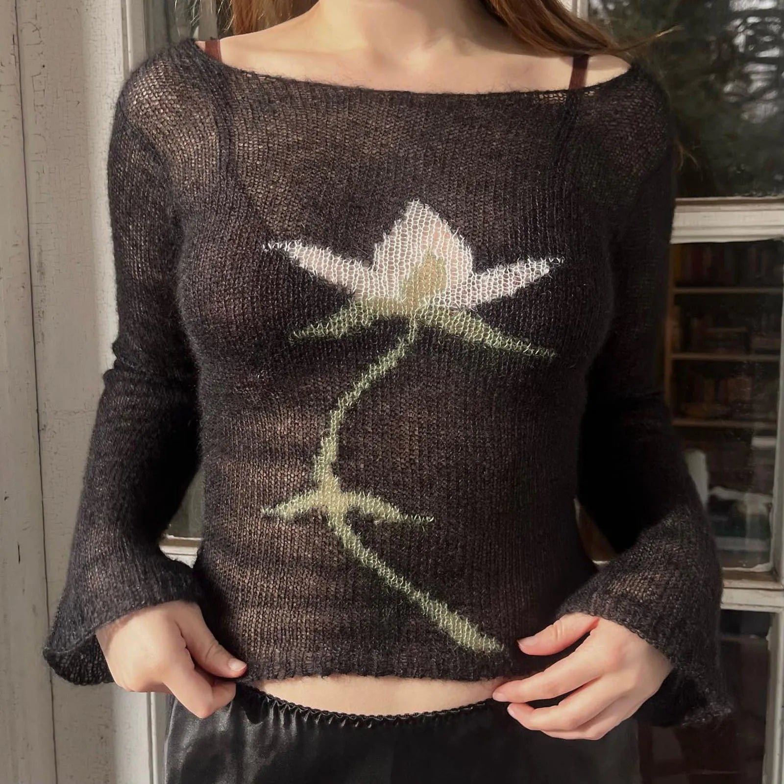 Vintage Floral Cottage Knit Crop Top With Sheer Mesh Detail