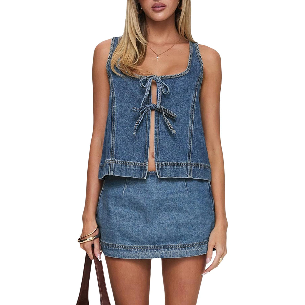Denim Tie-Front Top And Mini Skirt Set With Square Neck