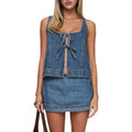 Denim Tie-Front Top And Mini Skirt Set With Square Neck