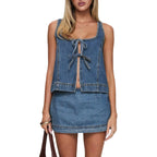 Denim Tie-Front Top And Mini Skirt Set With Square Neck
