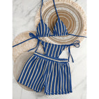 Retro Striped 3 Pieces Knitted Mesh String Bikini Set Swimsuit