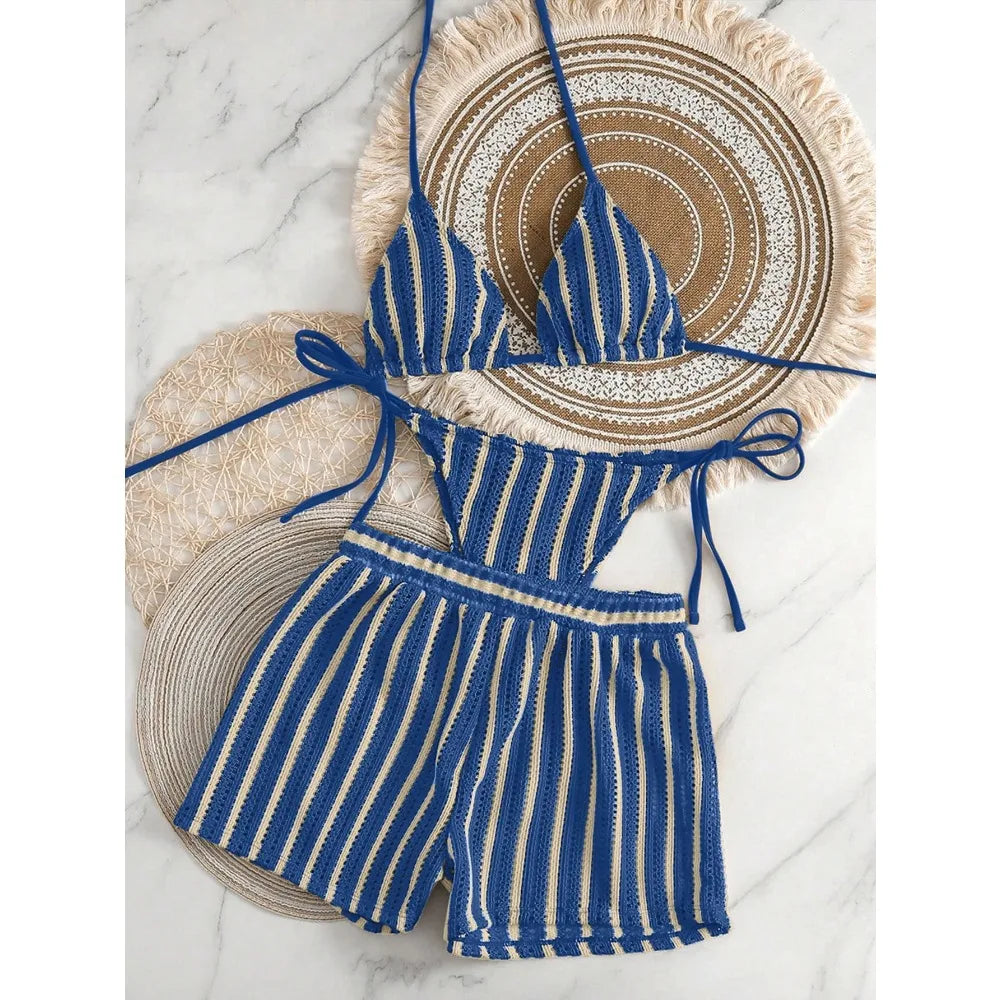 Retro Striped 3 Pieces Knitted Mesh String Bikini Set Swimsuit