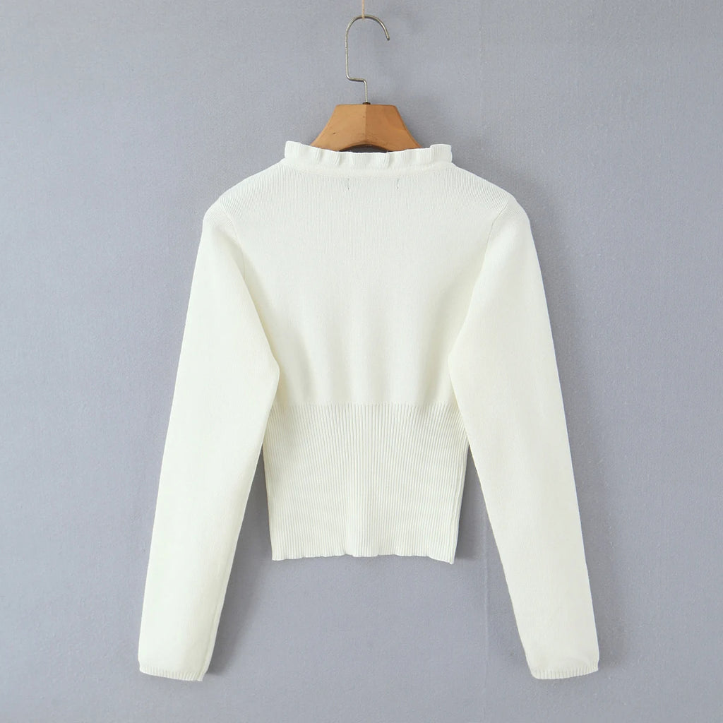 Lacing Up Bow Woodears O neck Open Buttons Through Crop Pointelle Knitted Cardigan Sweater Woman Jumper Knitwear