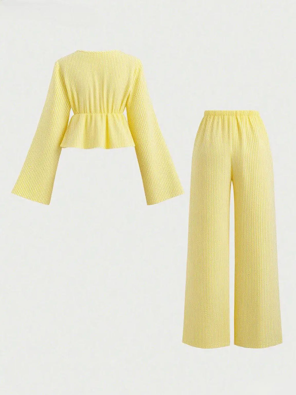 Striped Lace Up Two Piece Set V Neck Top And Elastic Waist Pants