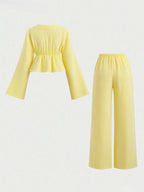 Striped Lace Up Two Piece Set V Neck Top And Elastic Waist Pants