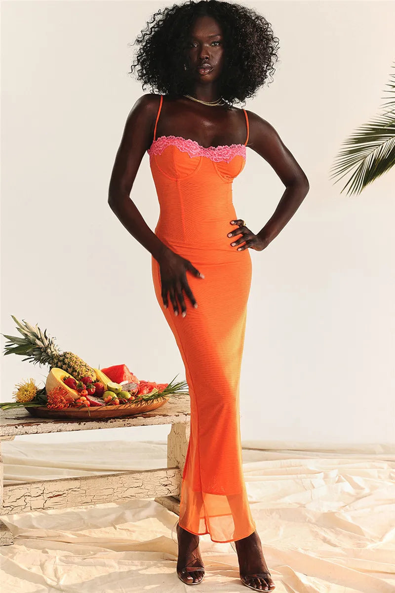 Lace Spaghetti Strap Bodycon Maxi Dress With Patchwork Backless